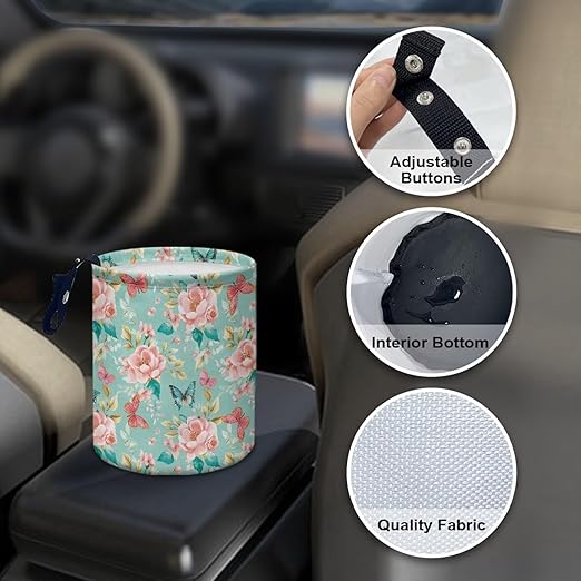 Pink Roses Butterflies Car Trash Bin Folding Vehicle Garbage Small Mini Front Back Seat Rubbish Basket with Strap Travel Garbage Organizer Bag Accessories, Keep Tidy Pink