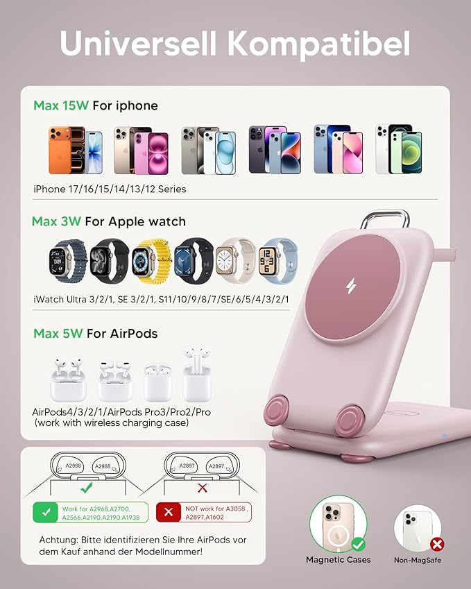 PaktVault 2026 Traveling Fast Wireless Charging Station for Apple Devices, Magnetic 3 in 1 MagSafe Charger Stand for iPhone 17 16 15 14 13 12 Pro Max Plus Air, Apple Watch&Air pods Pro, Pink