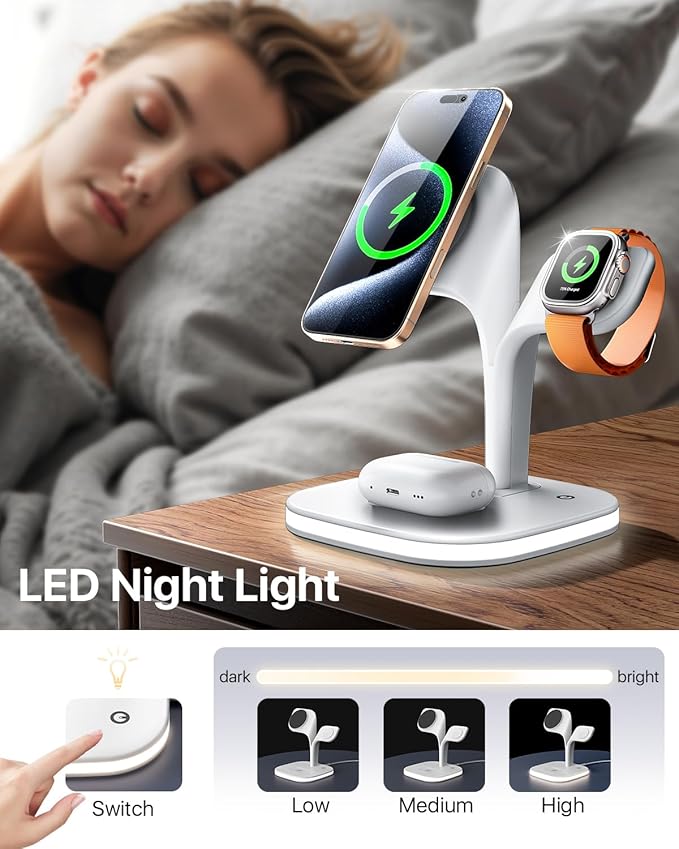 EXW for Magsafe Charger Stand,Charging Station for Multiple Devices,Wireless Charger for iPhone 17 Air 16 15 14 13 12 Series,Apple Watch Series 1-10/Ultra,AirPods Pro with LED and Adapter (White)