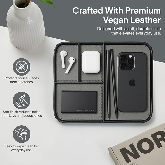 Nordik Leather Valet Tray - Pebble Black - 9.5 x 7.9 Inch Medium Vegan Leather Tray - Stylish Nightstand Organizer for Men - Modern Bedside Caddy - EDC Catchall for Key Watch Wallet Jewellery