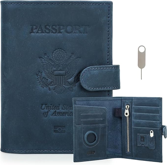 CONTACTS Full Grain Leather Passport Holder Compatible with Airtag RFID Blocking Passport Wallet Travel Slim Passport Cover with SIM Card Removal Tool (Bagde, Blue)