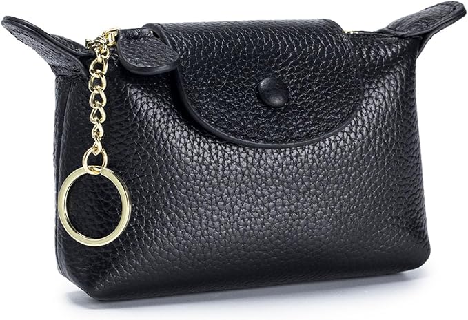 Genuine Leather Coin Purse for Women, Small Leather Mini Wallet with Keychain, Compact Change Purse for Cash, Cards, Coins and Keys, 5.12 Inch, Black