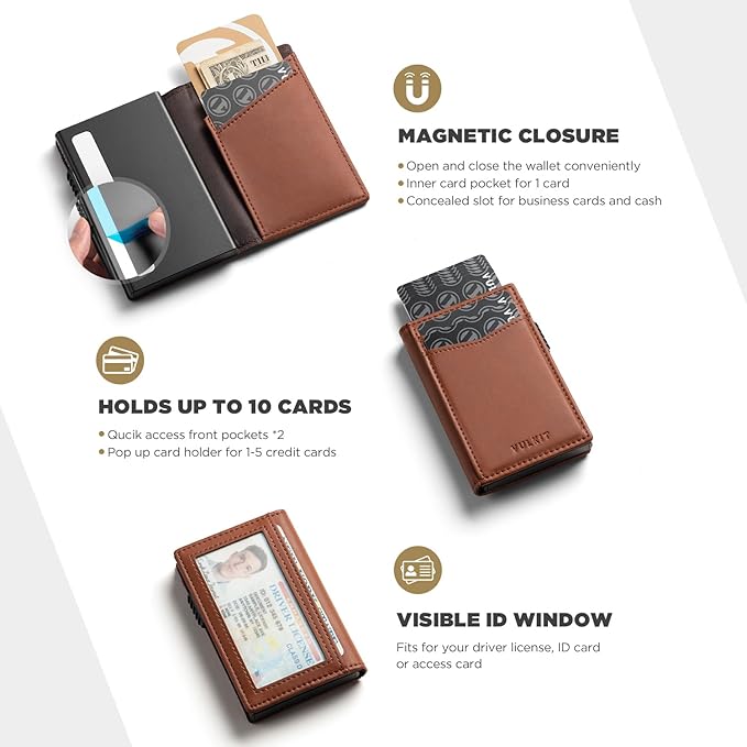 VULKIT Men's Slim Wallets Pop Up Card Holder RFID Blocking Metal Wallet Minimalist Design Holds Up to 11 Cards