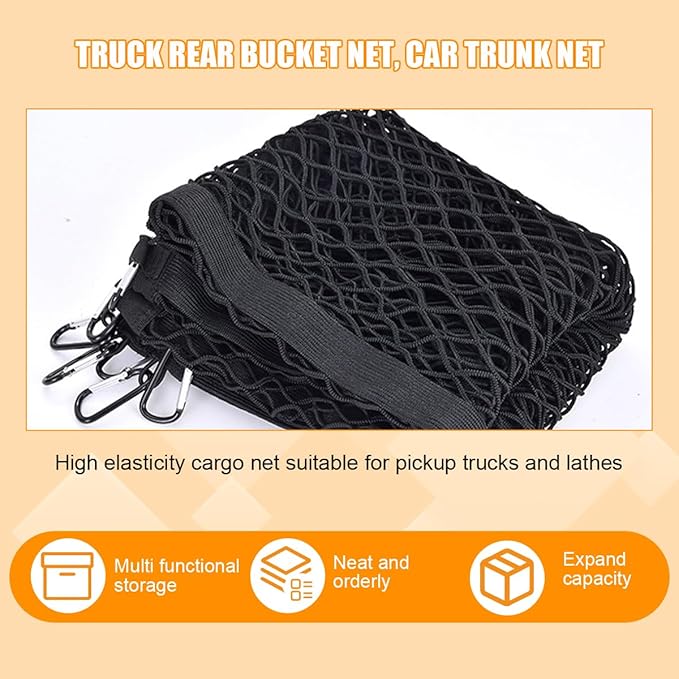 Zpana Truck Bed Cargo Net for Pickup, Highly Elastic 4'x4' Stretch to 7'x7' Stretchable Trunk Organizer Mesh with 6 PCS Carabiners, Auto Storage Accessories, Universal for Vehicles(Single Layer)