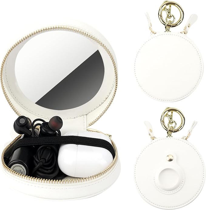 Bocasal Coin Pouch Mini Lipstick Cosmetic Bag with Airtag Holder Mirror, Leather Zipper Travel Makeup Bag Organizer Keychain Ring Clasp for Key Earbuds Earphone Lip Gloss Chapstick Women Girls (White)