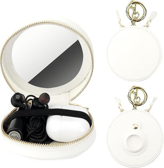 Bocasal Coin Pouch Mini Lipstick Cosmetic Bag with Airtag Holder Mirror, Leather Zipper Travel Makeup Bag Organizer Keychain Ring Clasp for Key Earbuds Earphone Lip Gloss Chapstick Women Girls (White)