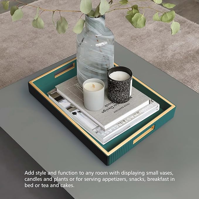 SANZIE Leather Tray Desktop Storage Organizer Premium Serving Tray Decorative Tray Valet Tray for Sundries Cosmetics Keys Phone Wallet Cutlery (Green Holder)