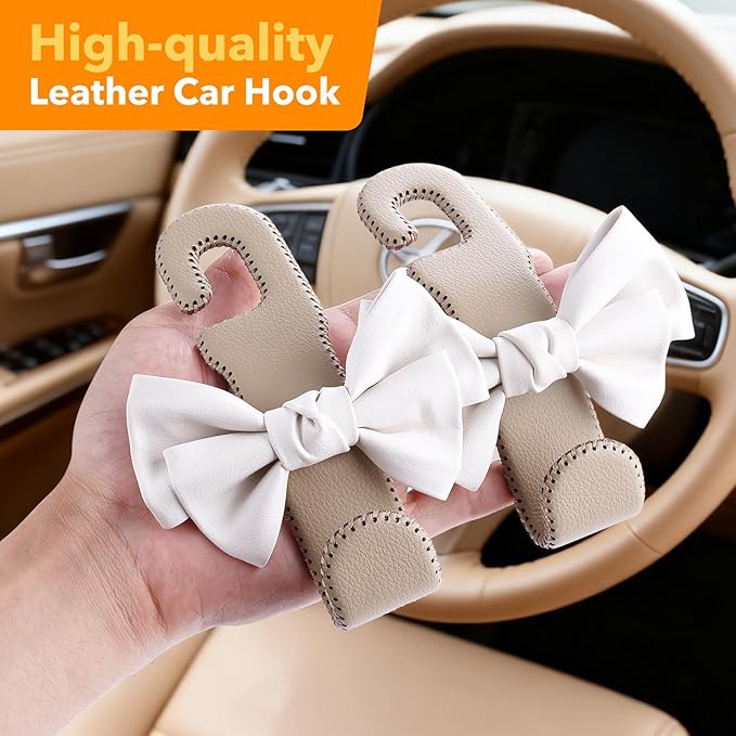 Car Purse Hook, Cute Bow Hooks for Headrest - Leather U-Shaped Purse Holder for Car, Flexible Seat Back Organizer & Durable Vehicle Accessories for Bags, Coats & More (Beige-2 Pack)