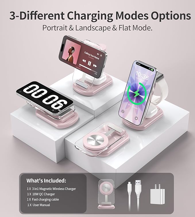 3 in 1 Magnetic Wireless Charging Station for Apple Devices, Fast Foldable Travel Mag-Safe Charger Stand with Night Light for iPhone 17 16 15 14 13 12 Series, Apple Watch/AirPods Pro, PK