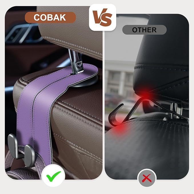 CoBak Purse Hook for Car - Universal Premium Stitched Leather and Aluminum-Magnesium Alloy Double Car Seat Back Storage Hook for Purses, Handbags, Bags (2 Pack),Amethyst Purple