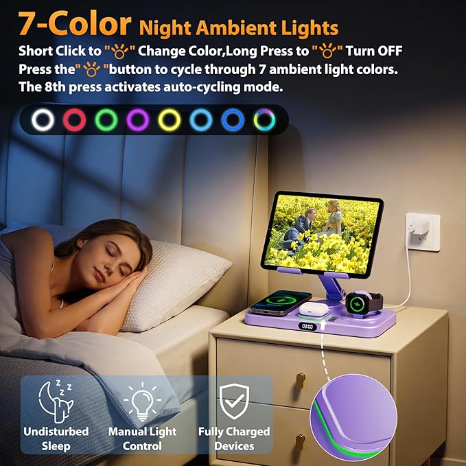 30W Charging Station for Apple Products, Foldable Wireless Charger with Clock Display&7 Color Light, Wired Charging for iPad/Tablet Charging Station for iPhone17, for Apple Watch11 for AirPods4(Purple