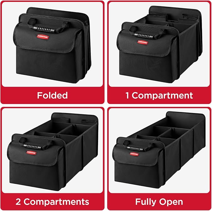 Rubbermaid Car Organizer, Collapsible Trunk Organizer with Removable Leakproof Cooler Bag without Lid, Multi-Compartment Car Storage Organization for Car Accessories, 5 Compartments Without Cover,