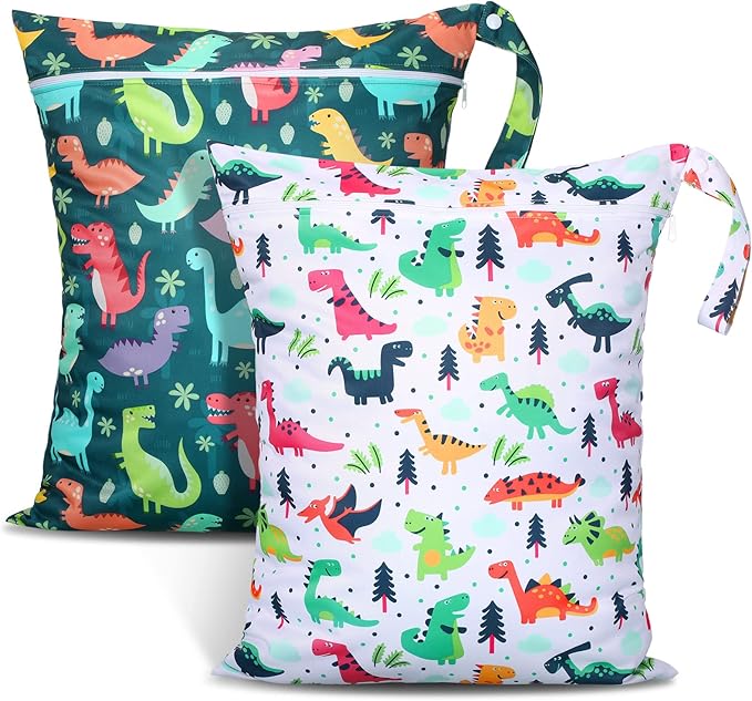 Shappy 2 Pack Large Travel Laundry Bags, Large Wet Dry Waterproof Dirty Clothes Bag for Suitcase, Swimsuit Beach Gym College Dorm Wet Bag(Dinosaur Style)