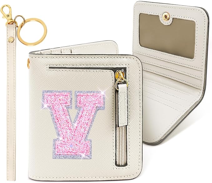 COSHAYSOO Mini Wallet with RFID Blocking Initial Monogrammed for Girls Birthday Valentines Easter Mothers Nurse Day Graduation Thanksgiving Appreciation Halloween Christmas New Year Gifts Cream V