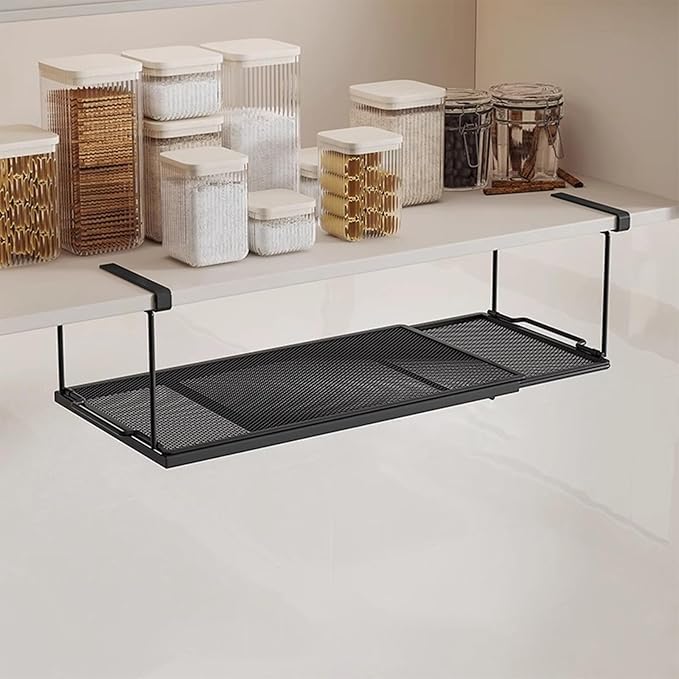 2 Pack Expandable Under Cabinet Shelf, Under Shelf Storage with 0.94 Inches Thick Clips for Kitchen Cupboard, Metal Hanging Under Desk Basket for Laundry Room, Cabinet, Shoe Rack