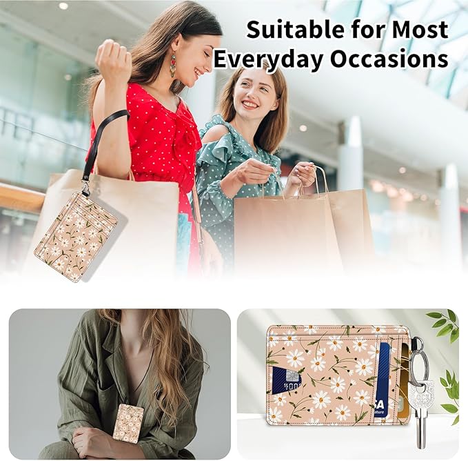 Slim Minimalist Front Pocket Wallet,Credit Card Holder Wallet for Women Men,RFID Blocking Credit Card Holder Case Leather Cute Small Thin Wallet ID Window&Wrist Strap,White Daisy Flower