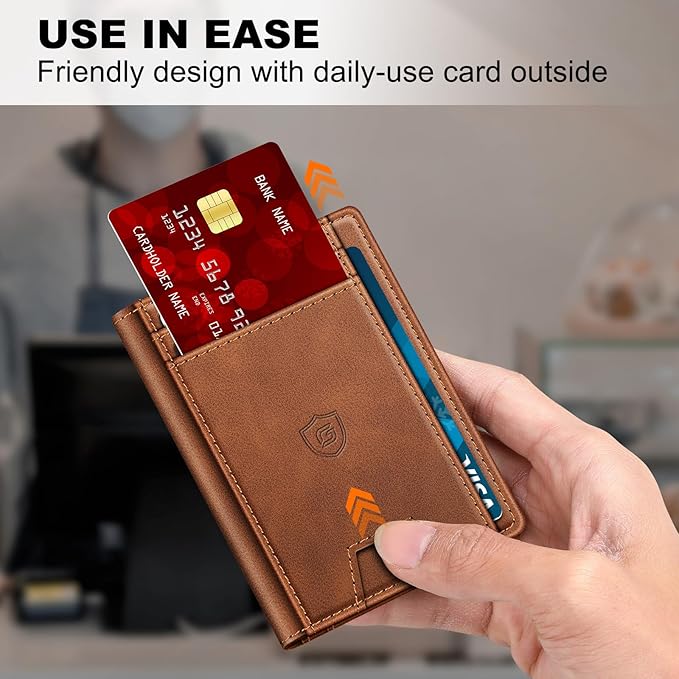 Wallet for Men 14-16 Cards, Men's Leather Wallet, Minimalist Thin Card Holder RFID Blocking Money Clip with Simplified Bill Folder & Magnetic Closure, Gifts for Men, Brown