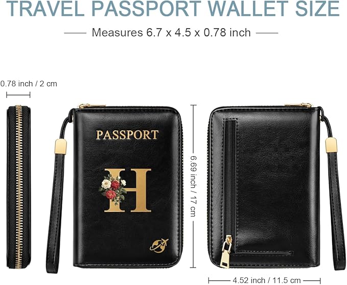 Passport Holder for Travel Wallet Women Zipper Wallets Personalized Passport Holder Cover Initial Letter Rose Flower Passport Book Holders RFID Blocking Credit Card Holder, H