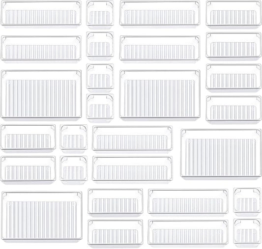 Kootek 28 Pcs Drawer Organizer Set, 4-Size Bathroom Vanity Trays Makeup Desk Dividers Versatile Storage Bins Clear Plastic Container for Dresser, Bedroom, Kitchen, Office