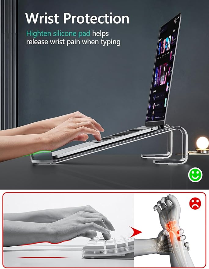 Clear Acrylic Laptop Stand for Desk, with Wrist Rest, Ergonomic Detachable Mount Compatible with 10-17'' All Laptops Such as MacBook Air Pro/HP/Dell/Lenovo