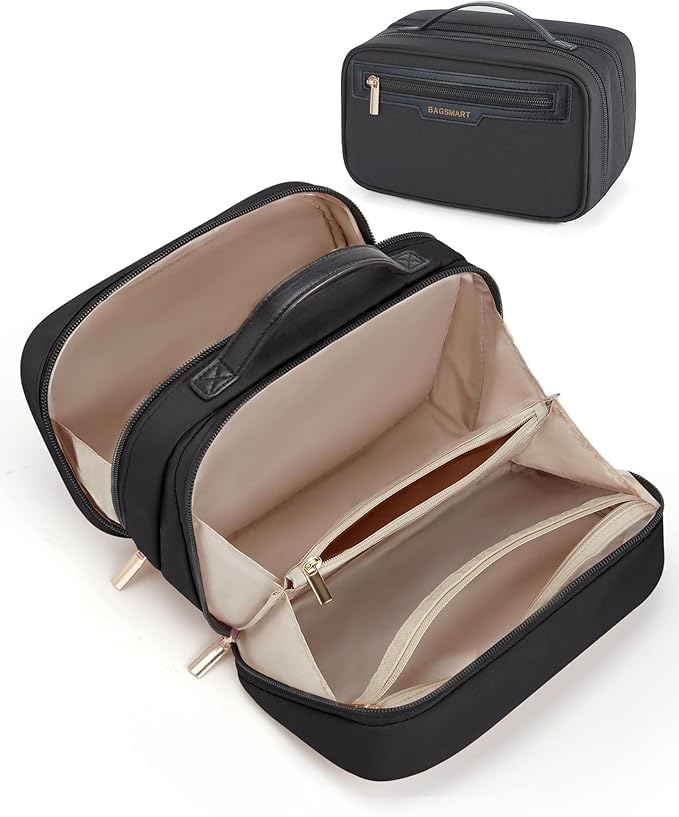BAGSMART Travel Makeup Bag, Make Up Bag with Multiple Compartments for Organizer, Durable & Compact Cosmetic Organizer for Women for Travel Accessories (Black