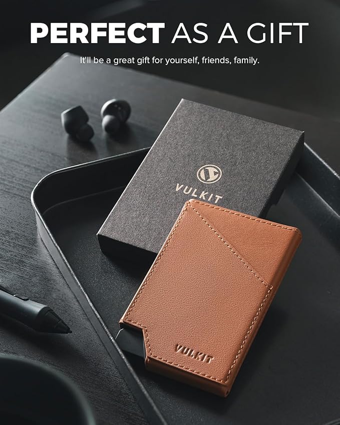 VULKIT Pop up Card Wallet Top-Grain Genuine Leather RFID Blocking Slim Aluminum Metal Bank Card Holder Case with Business Money Pocket for Credit Cards Notes and Coins Brown