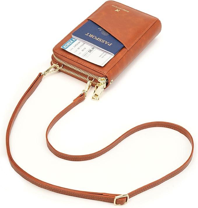 GOIACII Passport Wallet Travel Crossbody Bags for Women Wristlet Phone Purse Double Zip Vegan Leather Brown