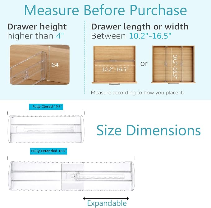 4 Pack 4" High Drawer Dividers for Clothes, 10.2"-16.5" Expandable Dresser Drawer Organizers, Adjustable Plastic Clear Drawer Separators for Kitchen, Baby Clothing, Socks, Underwear, Bedroom