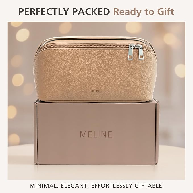 MELINE Travel Makeup Bag – Large Capacity Cosmetic and Toiletry Organizer with Divider and Handle, Waterproof Flat-Open Design, Portable Pouch for Women (Taupe)