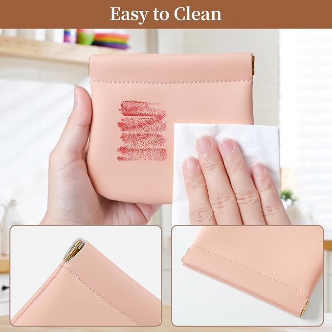 2 Pack Small Makeup Bag for Women, New Organosilicon Super Fiber PU Leather Mini Cosmetic Bag for Travel, Coin Purse Organizer Storage Pouch (No Phrase Printed, Pink)