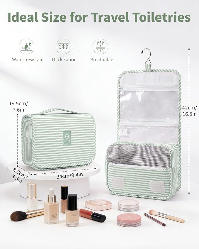 Narwey Small Hanging Toiletry Bag for Travel Women Girl, Striped Toiletries Travel Bag with Hook, Hanging Makeup Bag Organizer Make Up Cosmetic Bags, Gifts for Kids Teen (Mint Green Stripe)