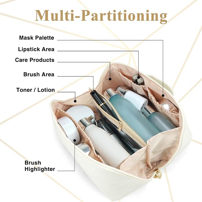 Cosmetic Bag,Travel Makeup Bag, Large Capacity Cosmetic Bags for Women, Waterproof Portable Open Flat Toiletry Bags,Makeup Organizer Bag with Divider and Handle, Cosmetic Pouch Gifts for Women (White)