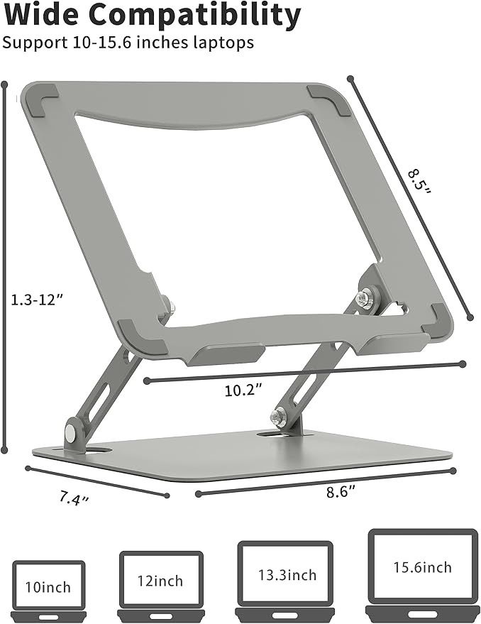 SOUNDANCE Laptop Stand for Desk, Portable Adjustable Laptop Riser, Ergonomic Design Computer Holder, Metal Laptop Mount Elevator Compatible with 10 to 15.6 Inches PC Computer, Light Grey