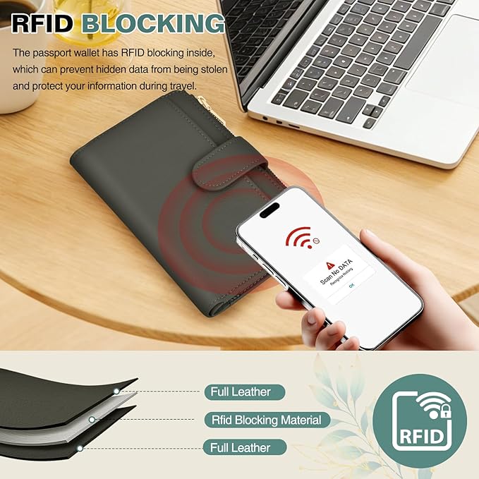 Passport Holder for Travel, Leather Passport Wallet with Airtag Slot, RFID Blocking Travel Wallet for Women Men, Passport Cover with Air Ticket Card Cash Coin Pocket, Travel Essentials Gift