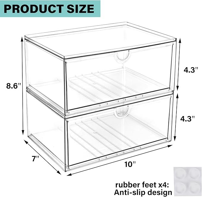Prsildan Acrylic Makeup Organizer, 2 Pack Stackable Clear Storage Drawers for Baby Bottles Desk Organizers with 2 Drawers for Countertop Vanity Nursery Modular System for Cosmetics Jewelry