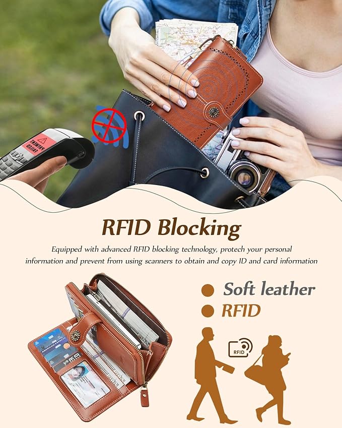 TFKGS Wallet for Women RFID Blocking Leather Large Capacity Card Holder Ladies Phone Clutch Travel Long Purse Wristlet | RFID Blocking, Leather, Large Capacity, Ladies, Travel