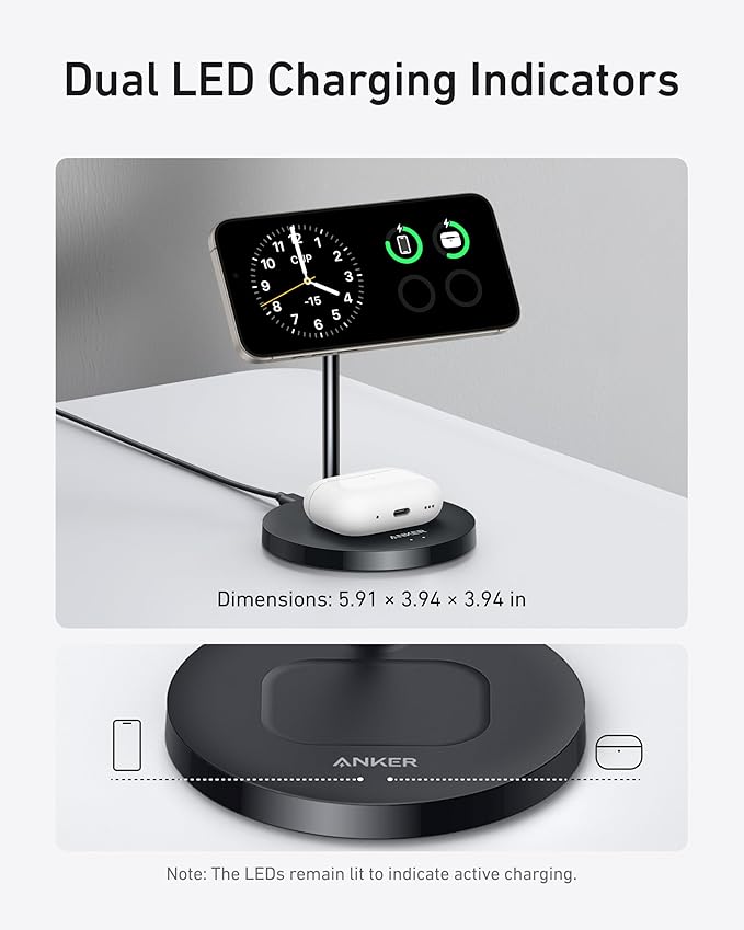 Anker MagSafe Compatible MagGo Charger Stand, iPhone 17 Wireless Charger, 2-in-1 Charging Station, Qi2 Certified 15W Fast Charging, for iPhone 17/16/15/14/13/12, AirPods Pro (40W Adapter Included)