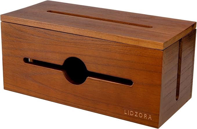 Wooden Cable Management Box for Power Strips, Desk Cord Organizer for Home Office & TV Stand, Hidden Cable Storage with Phone Stand