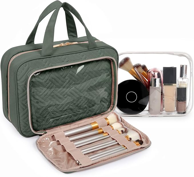 BAGSMART Toiletry Bag Hanging Travel Makeup Organizer with TSA Approved Transparent Cosmetic Bag Makeup Bag for Full Sized Toiletries(Dusty Green)