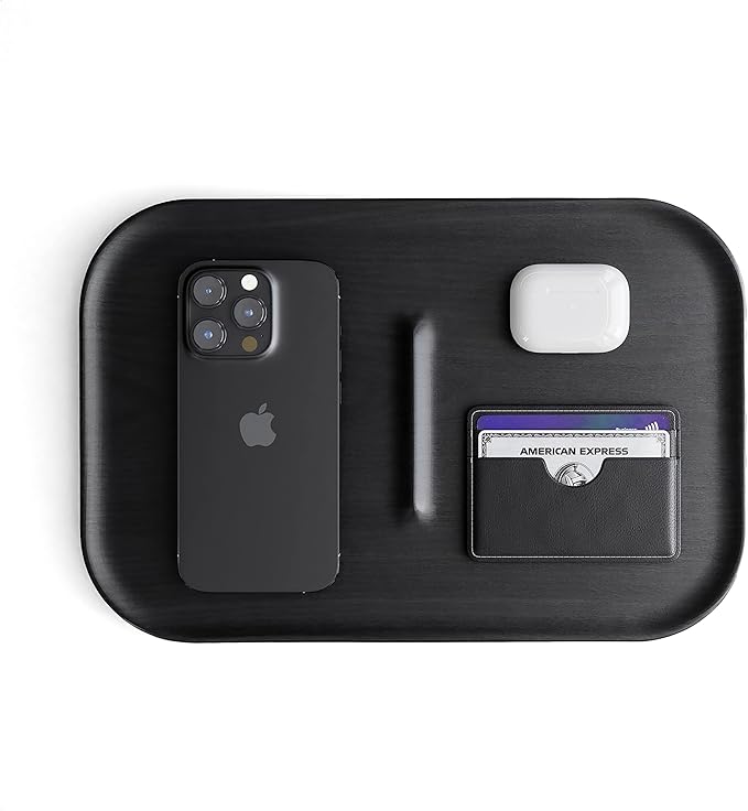 Catchall Tray Wooden Premium Walnut Wood Valet EDC Tray for Desk Bedside Table Jewellery Display Organiser Key Wallet Watch Phone Concierge (Black)