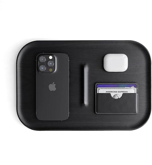 Catchall Tray Wooden Premium Walnut Wood Valet EDC Tray for Desk Bedside Table Jewellery Display Organiser Key Wallet Watch Phone Concierge (Black)