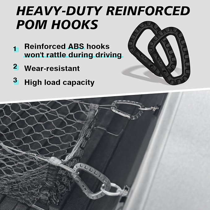 BestEvMod Cargo Mesh Net for Pickup Truck Bed Compatible with Tesla Cybertruck 2026 2025 2024 Accessories Mesh Extra Strong Hook Stretchable Trunk Organizer Cargo Net (3 Pocket, Reinforced POM Hooks)