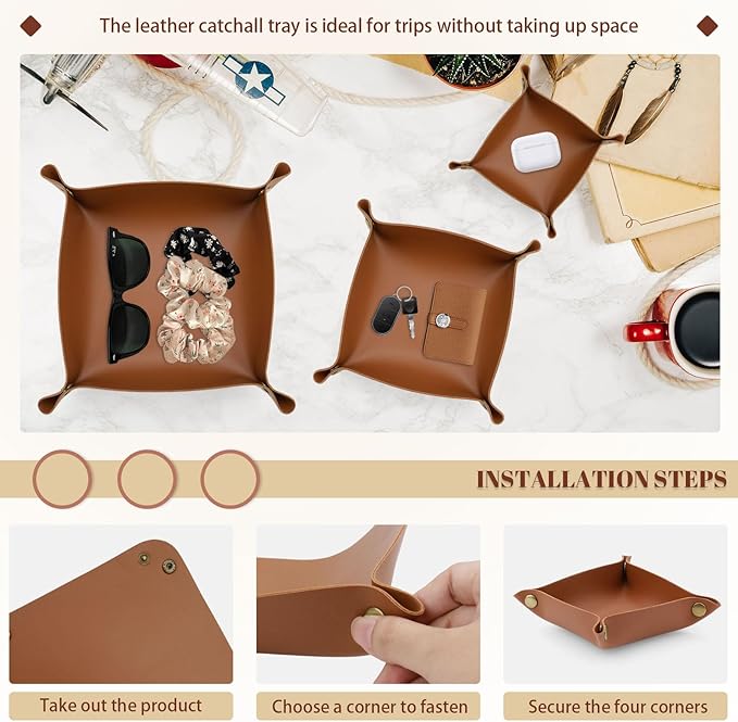 3 Pack Leather Valet Tray, 3 Sizes Catchall Tray Desk Organizer for Key Jewelry Trinket Watch Perfume Coin, for Entryway Table Nightstand Dresser Vanity Travel, Brown