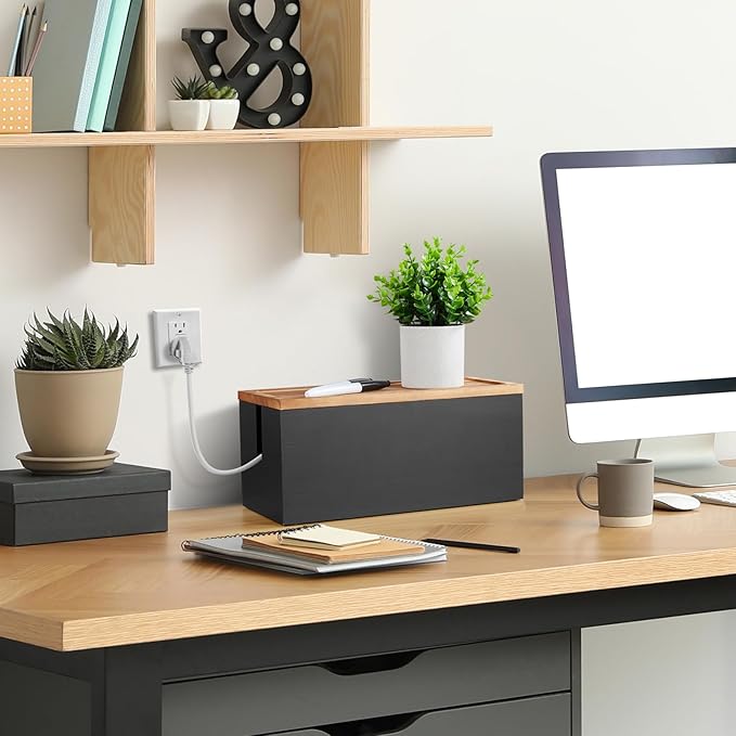 Bivvclaz Cable Management Box Medium, Wooden Cord Organizer Box for Desk, Floor, Office to Hide Extension Cords Power Stripes Surge Protectors Chargers Wires, Black
