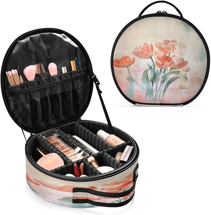 senya Round Cosmetic Pouch Travel Makeup Train Case Flower Vintage Makeup Organizer Bag with Adjustable Dividers Portable for Cosmetics Makeup Brushes Toiletry Jewelry Accessories