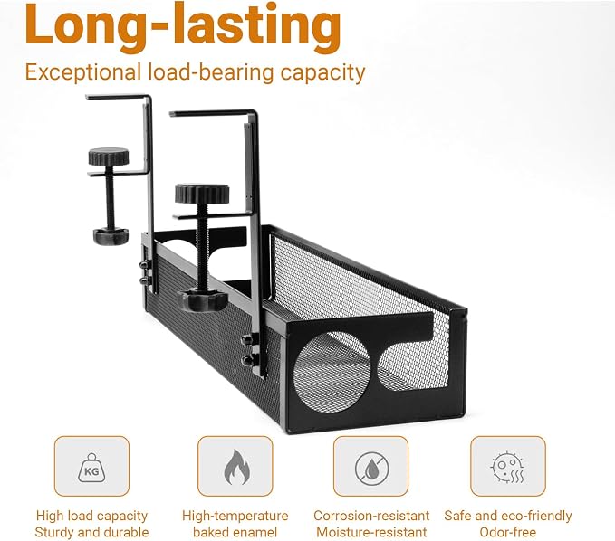 UIN Under Desk Cable Management Tray No Drill,15.35" Metal Cord Organizer with Clamp for Standing Desk, Cable Organizer for Home Office (Black)