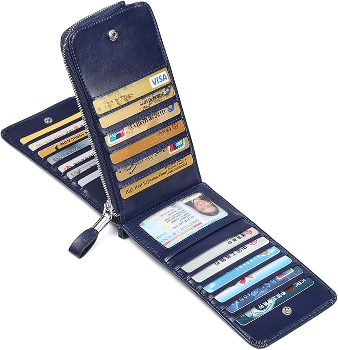 Women's Genuine Leather Credit Card Holder RFID Long Zipper Purse Wallet