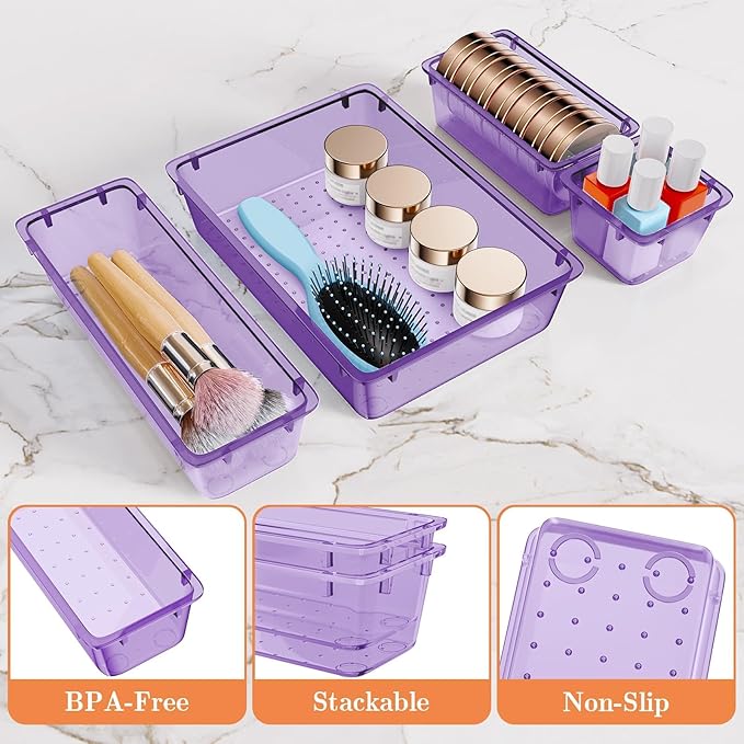 SpaceHacks 25 PCS Plastic Drawer Organizer Set, 4-Size Versatile Organizer Trays & Storage Bins for Makeup, Jewelry, and Gadgets in Bathroom, Bedroom and Office,Clear Purple