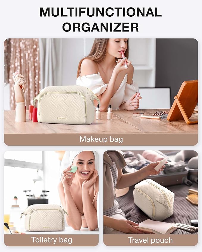 BAGSMART Travel Makeup Bag, Cosmetic Bag Small Make Up Organizer Case,Wide-open Pouch for Women Purse for Toiletries Accessories Brushes,Large Beige