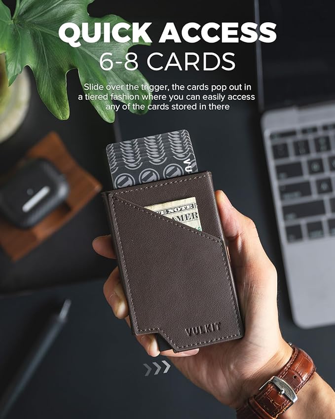 VULKIT Pop up Card Wallet RFID Blocking Slim Aluminum Metal Bank Card Holder Case with Business Money Pocket for Credit Cards Notes and Coins Dark Brown